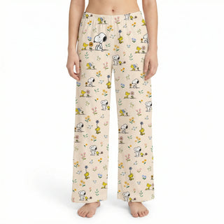 Snoopy and Woodstock floral cottage core lounge pants with lightweight relaxed fit and drawstring waist
