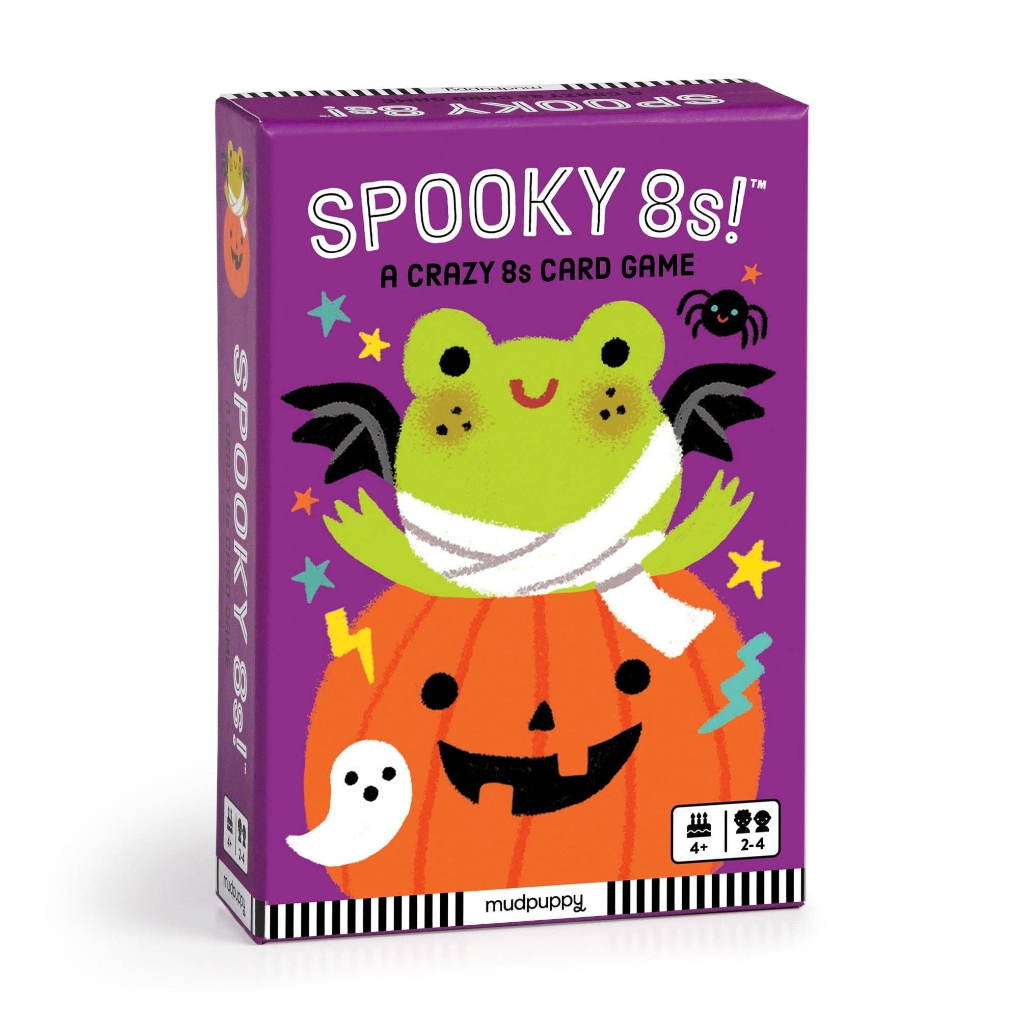 Mudpuppy Spooky 8s! Halloween-themed Crazy 8s card game featuring a friendly frog mummy, pumpkin, ghost, and colorful Halloween artwork for kids and families.