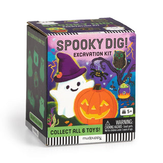 Spooky Dig! Excavation Kit by Chronicle Books — a kids Halloween activity kit with plaster block, 2 digging tools, and 2 glow-in-the-dark skeleton
