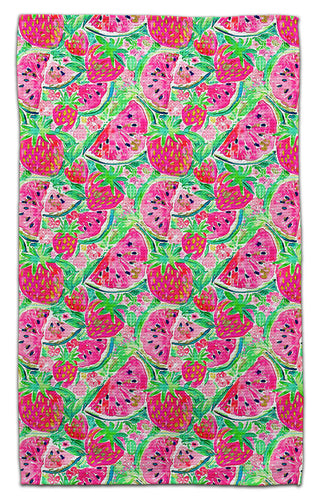 Eco-friendly waffle weave kitchen towel featuring vibrant watercolor strawberries and watermelon slices with lush green leaves.