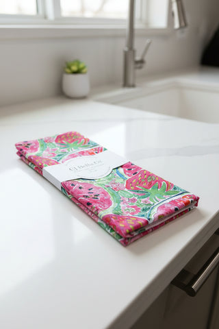 Colorful strawberry watermelon pattern kitchen towel on a white background