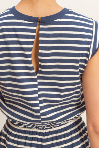 Navy and white striped dress with a keyhole back detail.