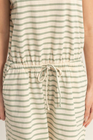 Sage striped jumpsuit with a drawstring waist on a plain background