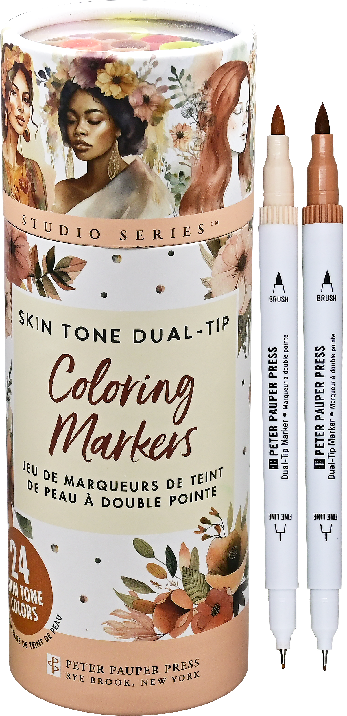 Studio Series Dual-Tip Skin Tone Markers Set of 24 by Peter Pauper Press — 24 skin tone hues with fine and brush tips in a cylindrical storage tube, ideal for portraits and illustration
