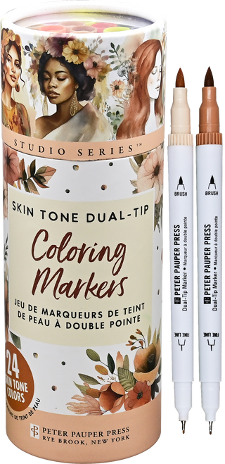 Studio Series Dual-Tip Skin Tone Markers Set of 24 by Peter Pauper Press — 24 skin tone hues with fine and brush tips in a cylindrical storage tube, ideal for portraits and illustration
