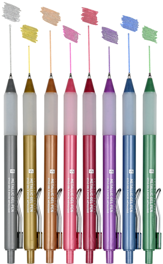 Set of metallic gel pens with color swatches on a white background