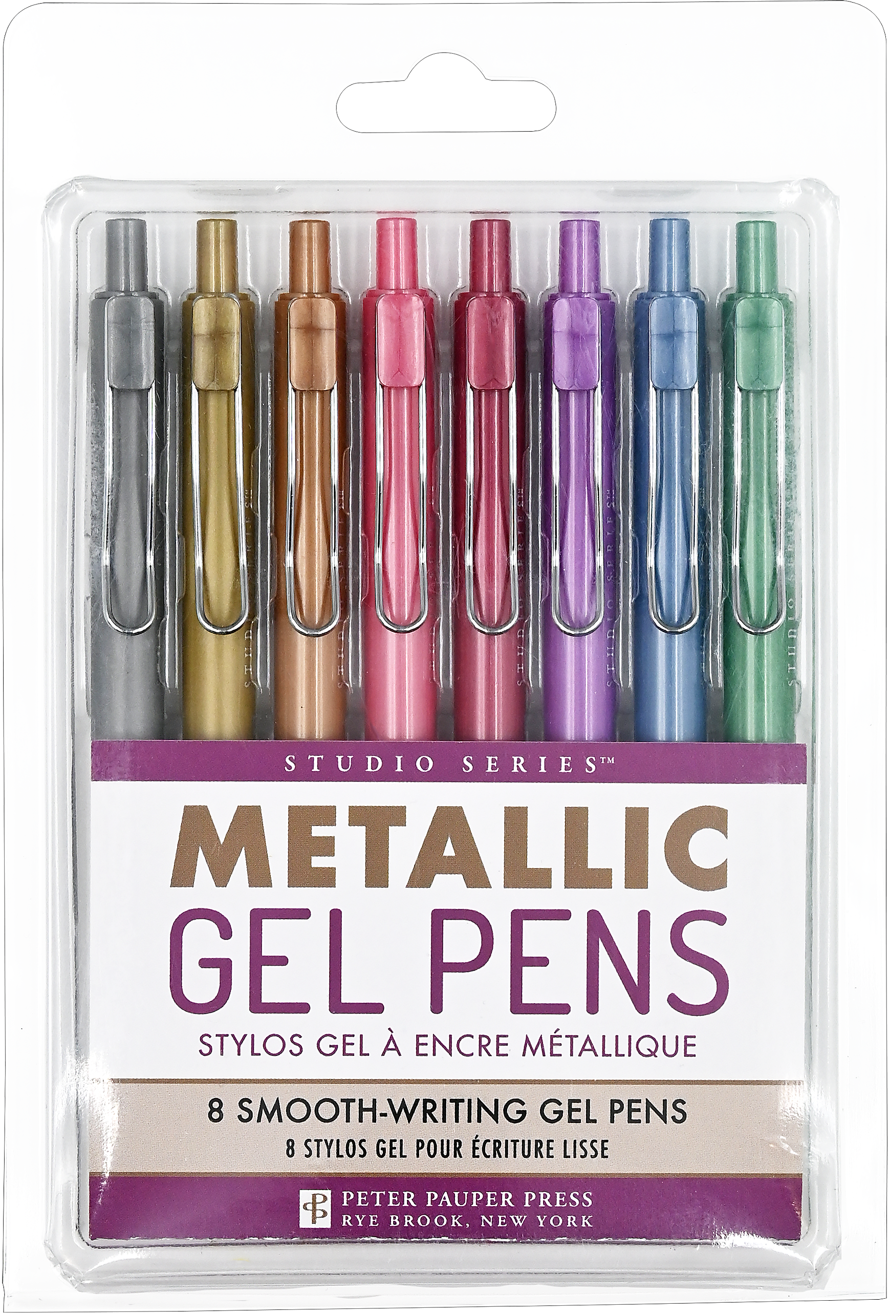 Studio Series Metallic Gel Pens by Peter Pauper Press — set of 8 smooth-writing retractable gel pens in silver, gold, copper, rose gold, ruby, amethyst, sapphire, and emerald in clear retail packaging