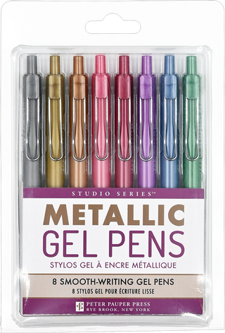 Studio Series Metallic Gel Pens by Peter Pauper Press — set of 8 smooth-writing retractable gel pens in silver, gold, copper, rose gold, ruby, amethyst, sapphire, and emerald in clear retail packaging