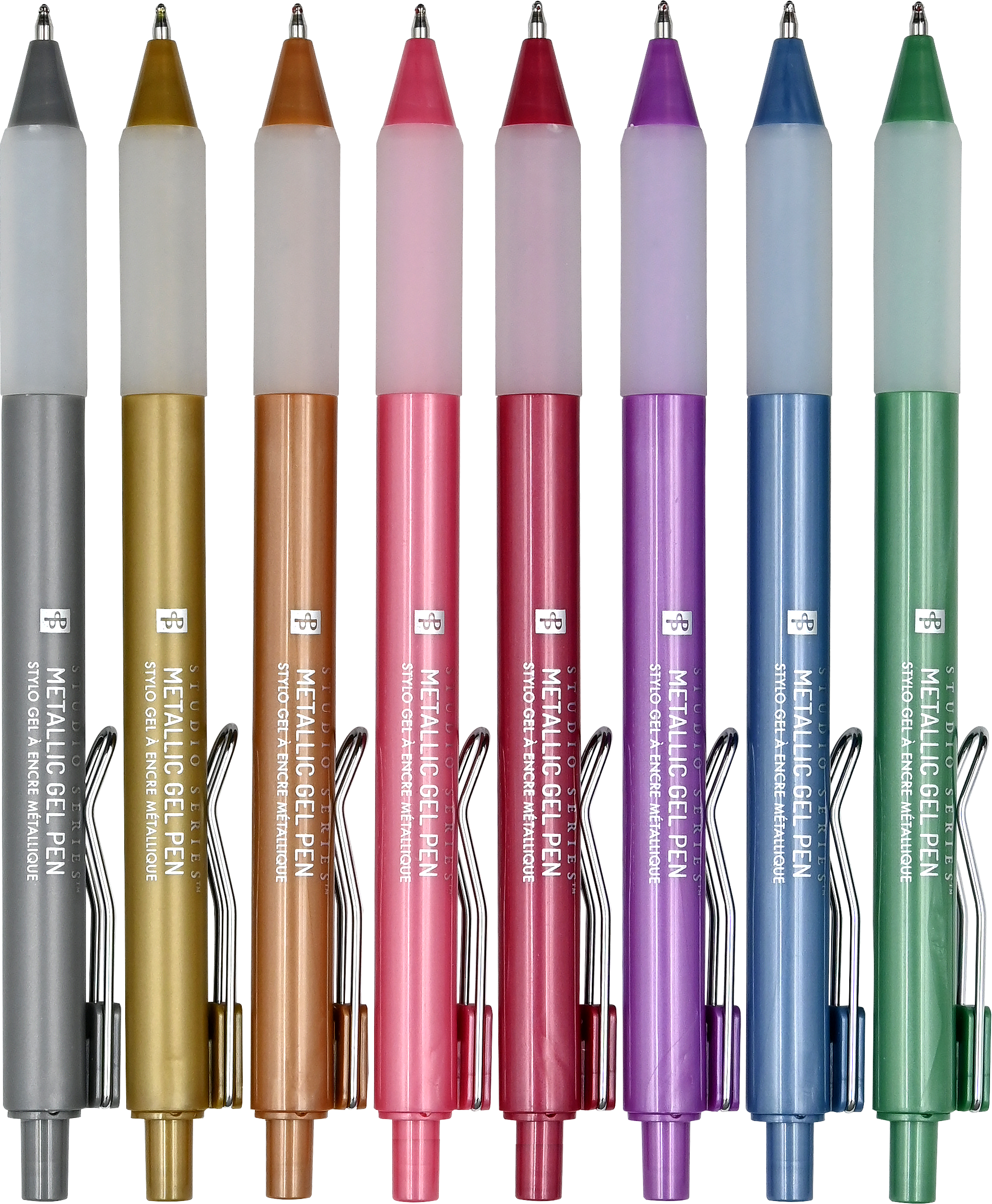 Set of metallic gel pens in various colors on a white background