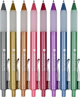 Set of metallic gel pens in various colors on a white background