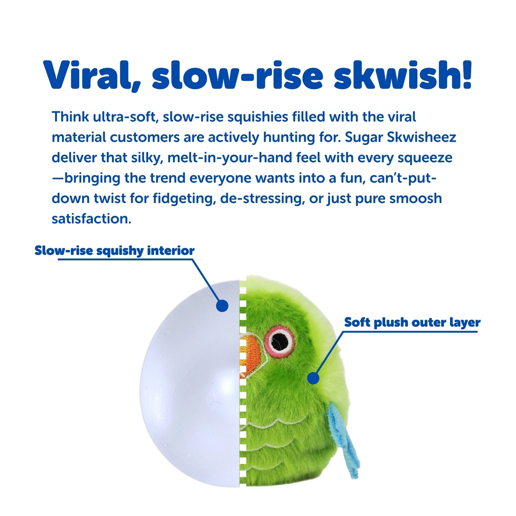 Green plush parrot toy with text describing its features on a white background