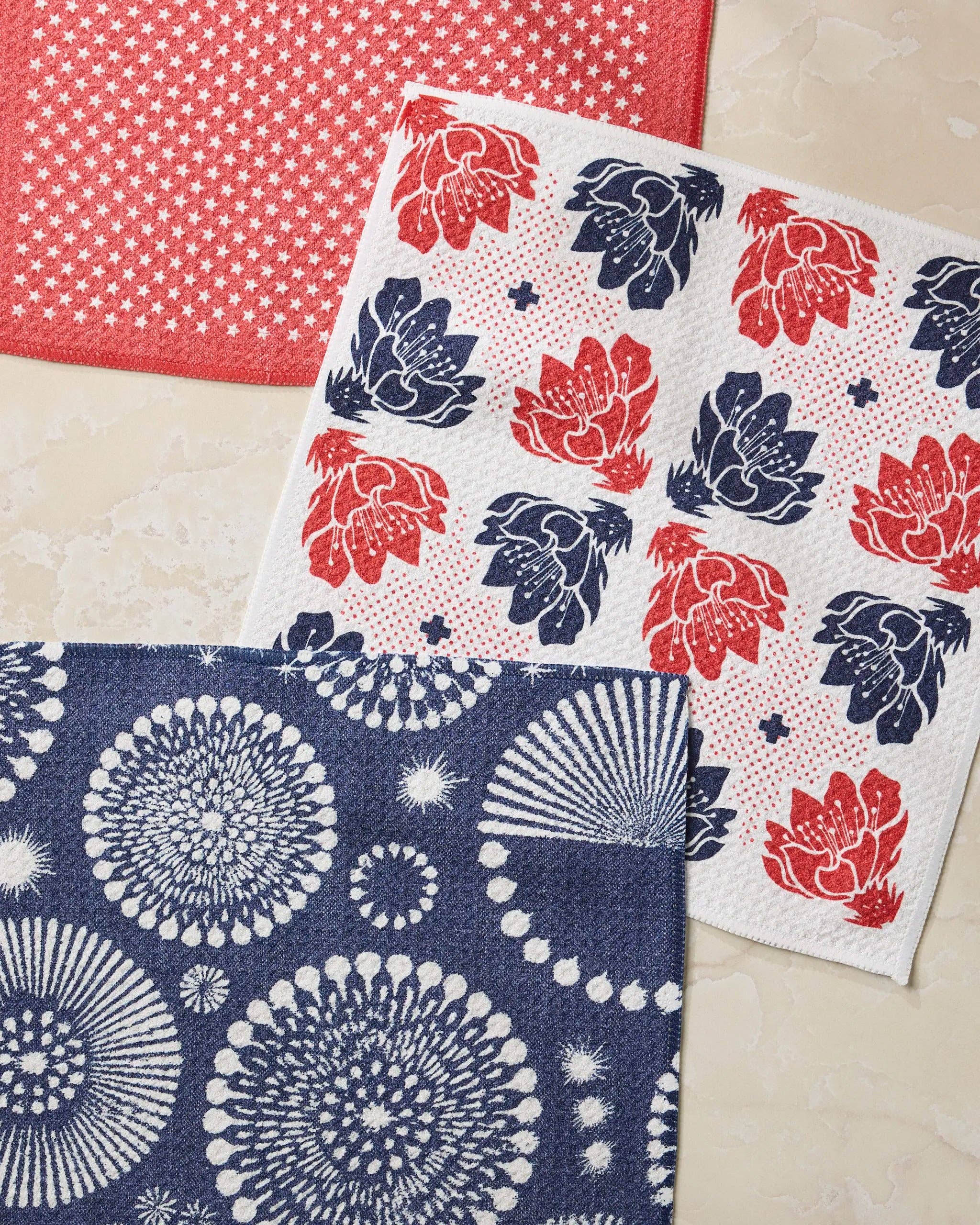 Red white and blue patterned eco-friendly kitchen dishcloth set by Geometry close-up