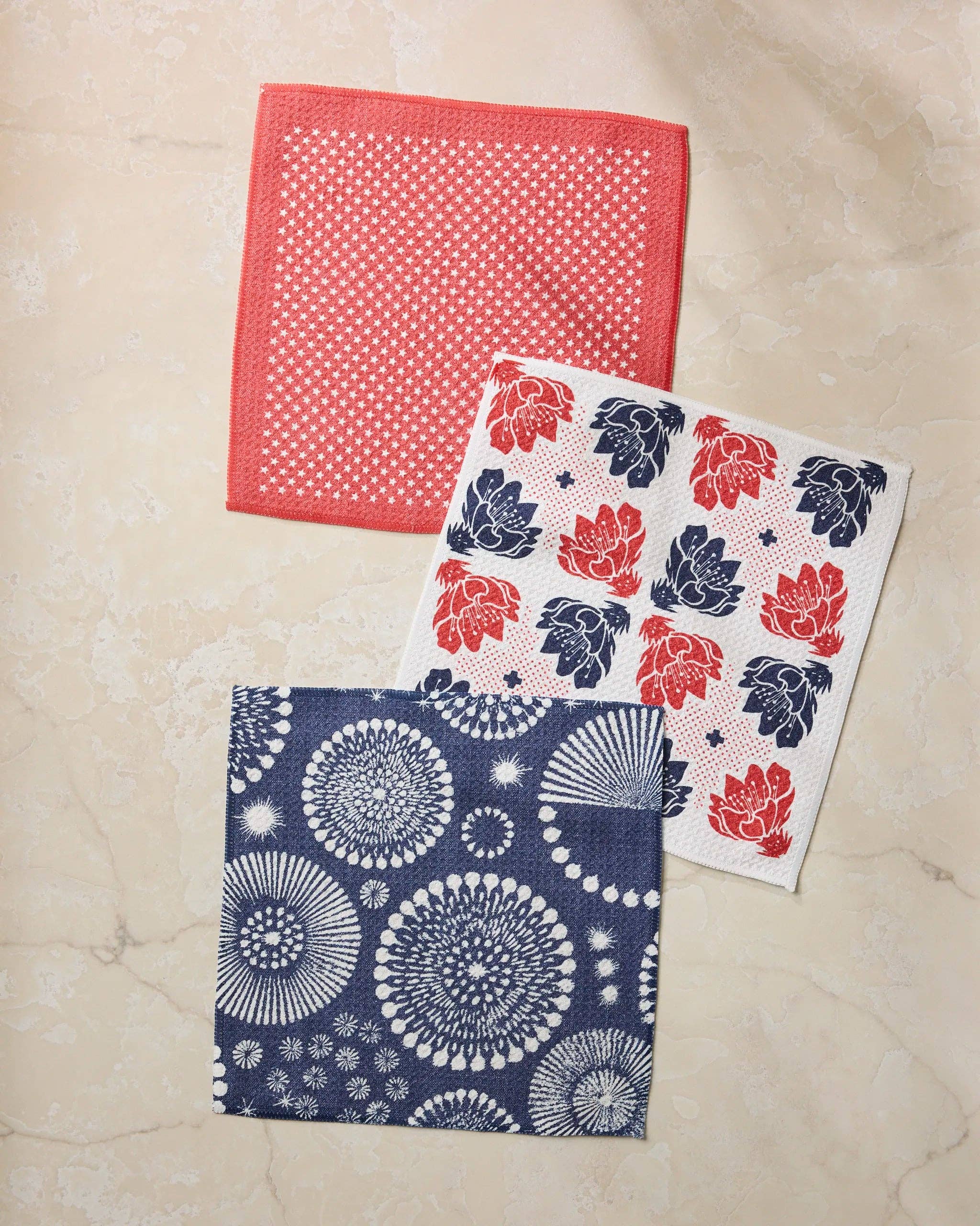 Red white and blue patterned eco-friendly kitchen dishcloth set by Geometry