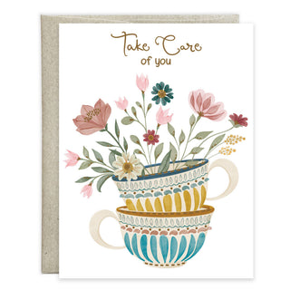 Tea Cup Stack Get Well Greeting Card by Gina B Designs — a gold foil embellished A2 get well card with original tea cup stack artwork, includes envelope, made in the USA
