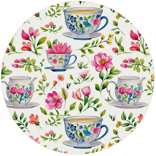 Teacups Silicone Jar Opener by Andréas — round flexible silicone disc featuring a watercolor pattern of hand-painted blue and white floral teacups and saucers surrounded by blooming pink peonies, tulips, forget-me-nots, and green leaves on a white background