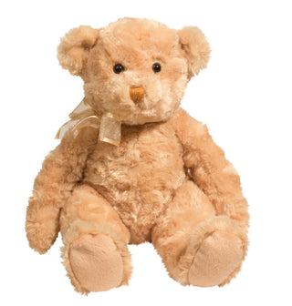 Soft golden teddy bear plush toy by Douglas with satin ribbon bow