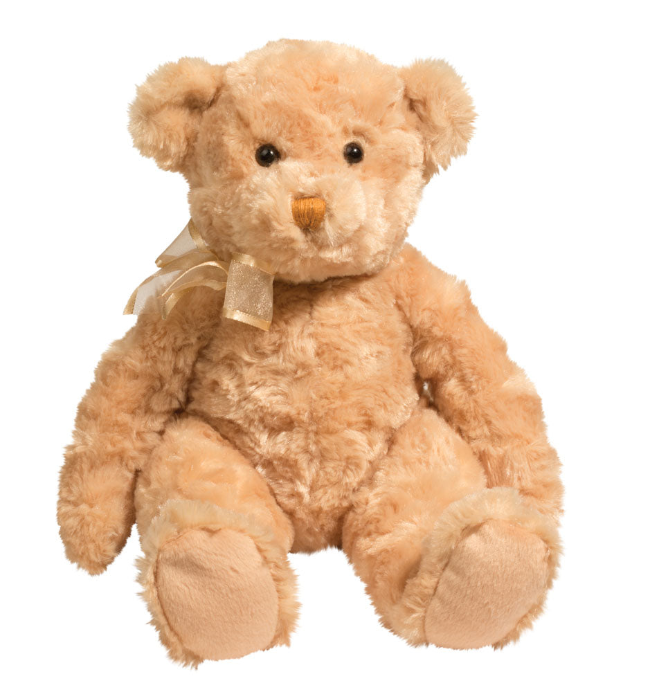 Soft golden teddy bear plush toy by Douglas with satin ribbon bow