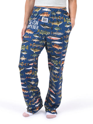 The Fish Whisperer lounge pants by Brief Insanity with fishing-themed fish print