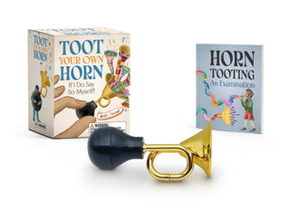 mini gold horn desk toy with rubber bulb and book