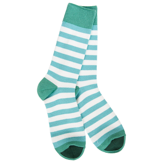 Women's Frosty Spruce striped crew socks featuring aqua and white stripes with green cuff, heel, and toe accents.