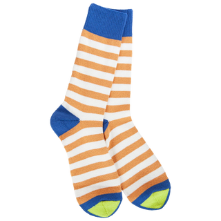 Women's Mountain Bluebird striped crew socks featuring blue, orange, and white stripes with coordinating cuff, heel, and toe accents.