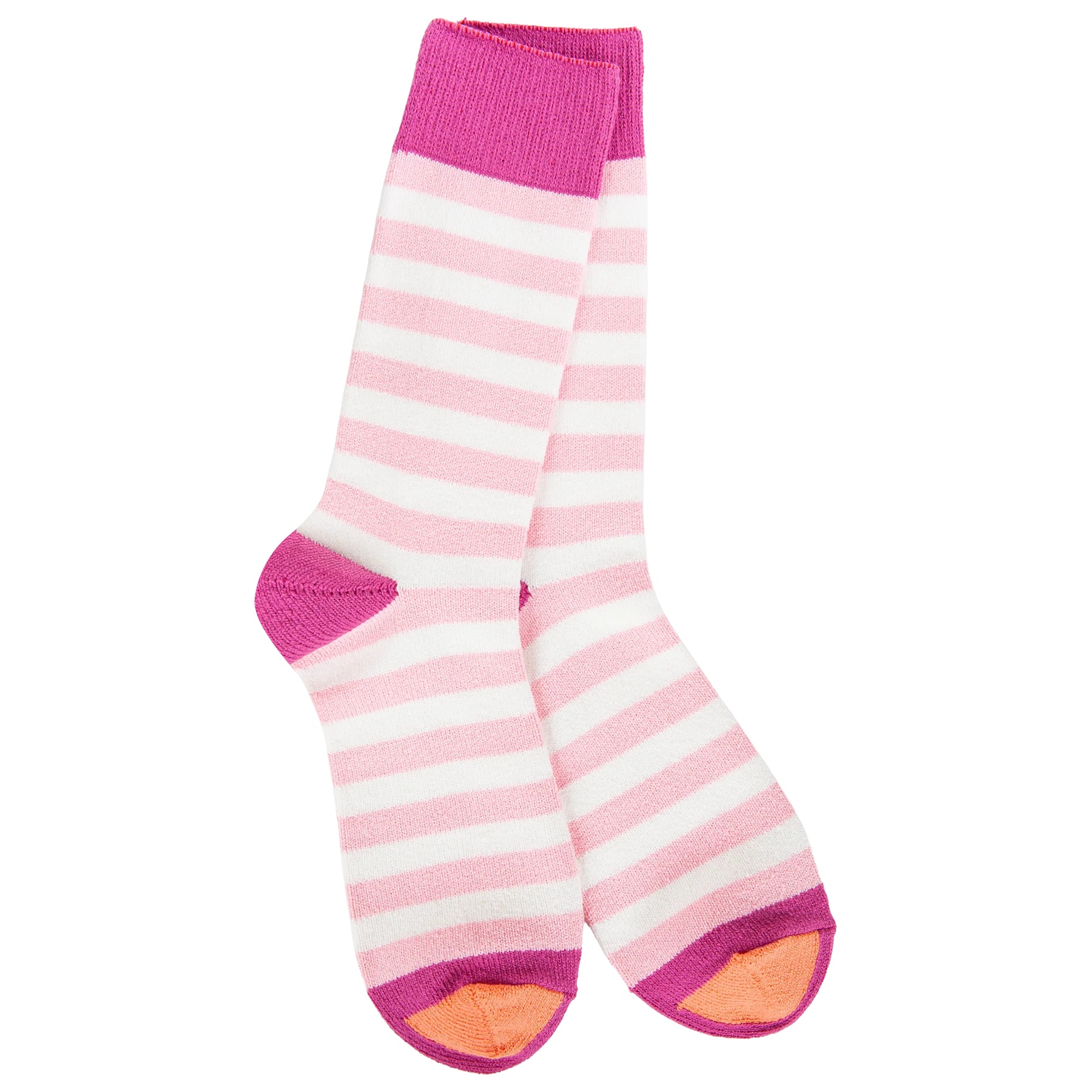 Women's Wild Strawberry striped crew socks featuring pink and ivory stripes with colorful heel, toe, and cuff accents.