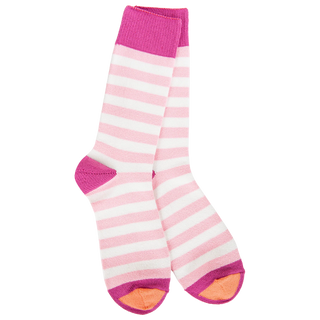 Women's Wild Strawberry striped crew socks featuring pink and ivory stripes with colorful heel, toe, and cuff accents.