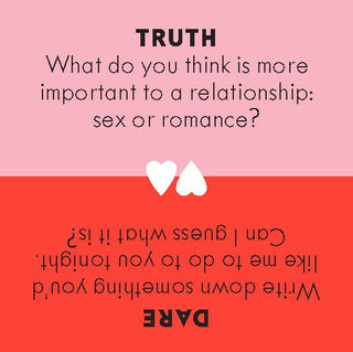 Sample card of After Dinner Amusements Truth or Dare for Couples card game in red travel tin with 100 conversation prompts and challenges