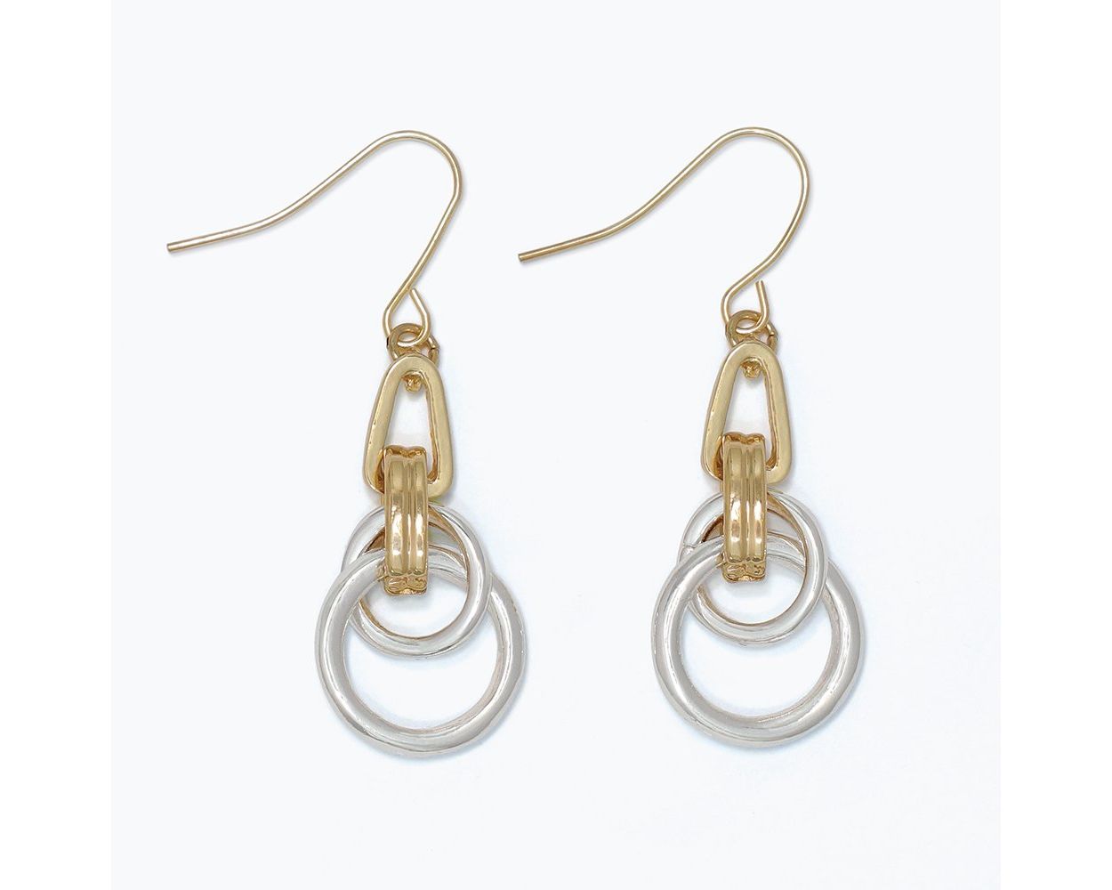 Polished two-tone ring dangle earrings with gold-tone oval link and ribbed connector leading to two interlocking silver-tone rings by Periwinkle — mixed-metal drop earrings
