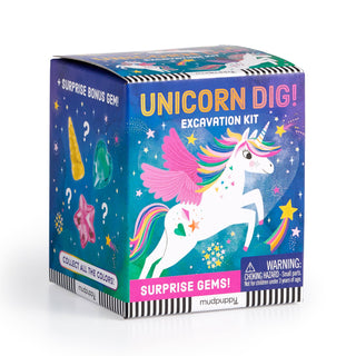 Unicorn Dig! Excavation Kit by Mudpuppy — a kids unicorn excavation activity kit to uncover a sparkling heart-shaped unicorn gemstone, published by Chronicle Books
