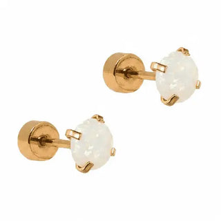 Venus White Opal Gold Screwback Stud Earrings featuring a luminous 5mm white opal in a gold-tone stainless steel setting with a secure flat-back screwback closure.