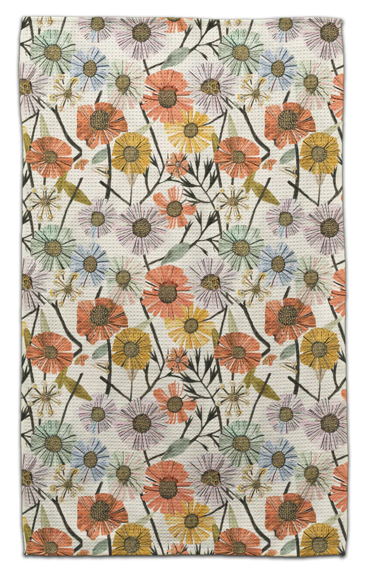 Vintage floral eco-friendly waffle weave kitchen towel featuring colorful watercolor wildflowers