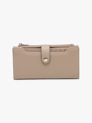 Violet RFID Fold-Out Wallet in Khaki vegan leather with gold-tone snap closure and zipper