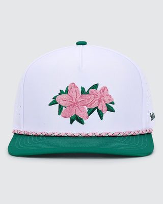 Waggle Azaleas golf snapback hat with pink embroidered flowers and green brim