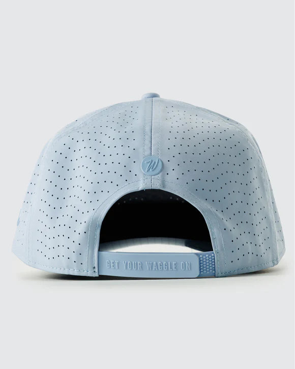 back view of light blue Waggle water resistant golf hat with perforated panels