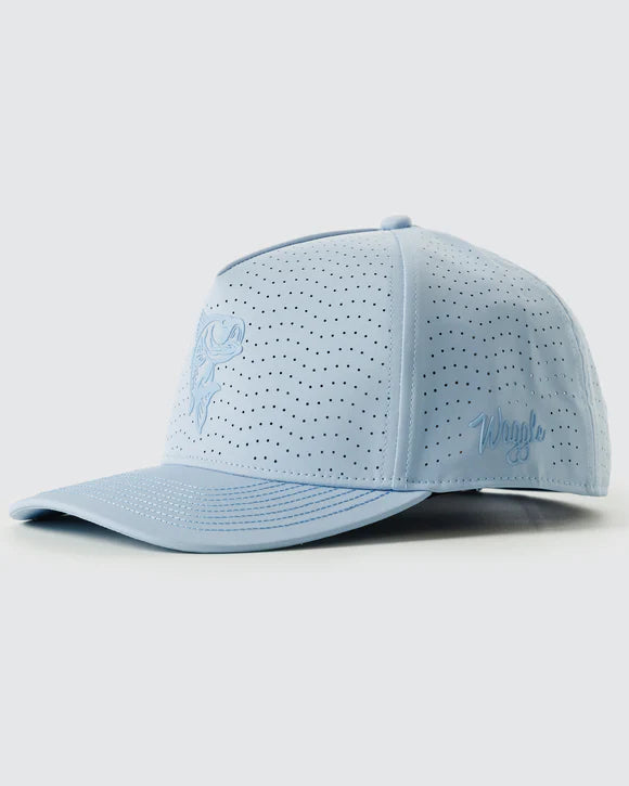 side view of light blue Waggle water resistant golf hat with perforated panels