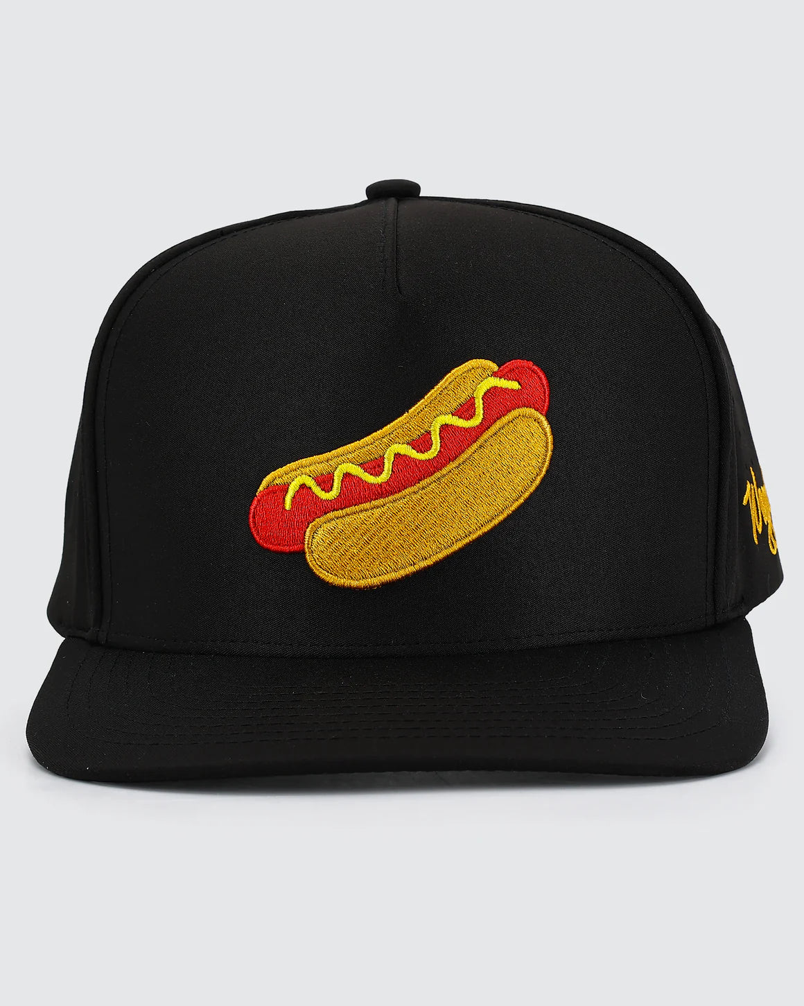 Waggle Glizzy snapback hat with embroidered hot dog design on black hat