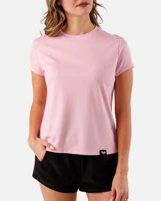 Women’s pink short sleeve performance athletic shirt by Waggle with lightweight breathable fit