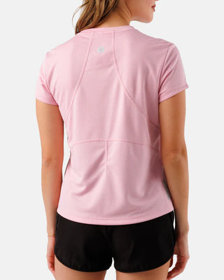 Women’s dusty pink short sleeve performance athletic shirt by Waggle with lightweight breathable fit