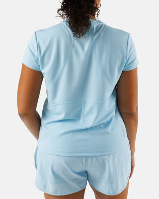 Women’s sky blue short sleeve performance athletic shirt by Waggle with lightweight breathable fit