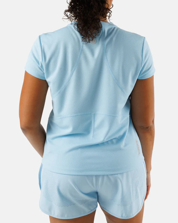 Women’s sky blue short sleeve performance athletic shirt by Waggle with lightweight breathable fit