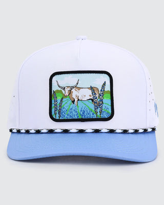 Waggle Hill Country snapback hat with western steer and bluebonnet patch