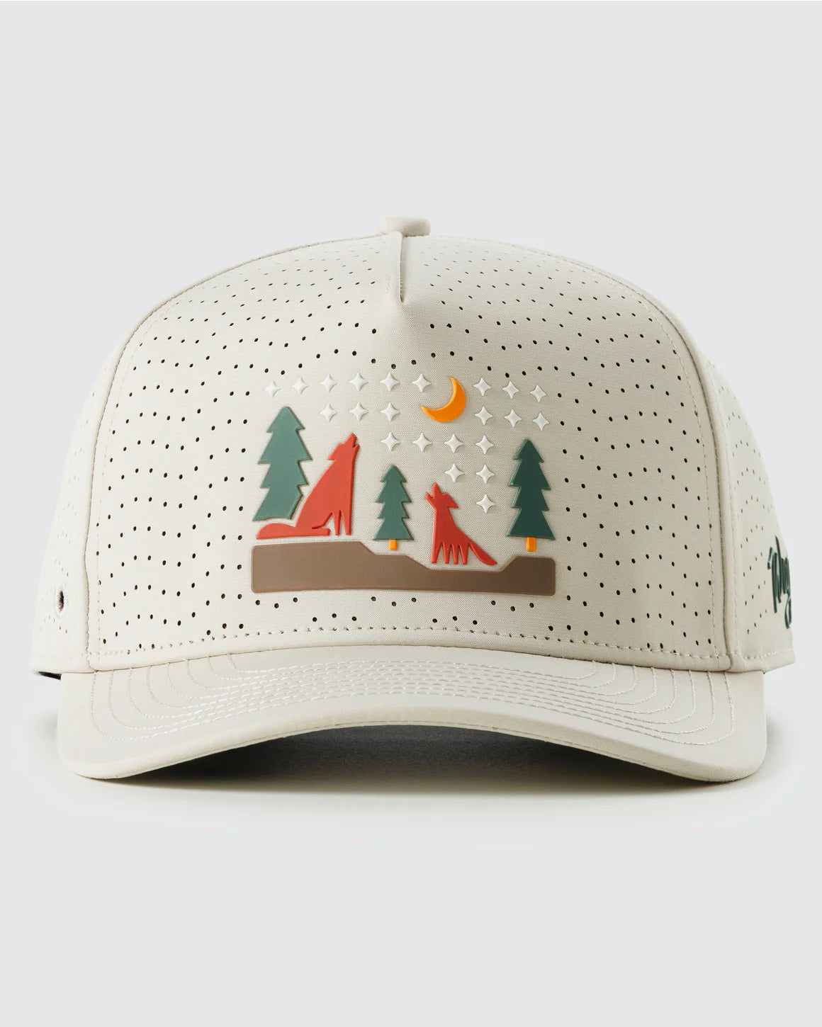 tan Waggle repel hat with wolf forest graphic and perforated panels