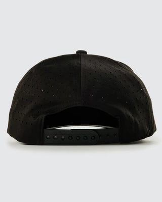Black Waggle youth fishing snapback hat with colorful embroidered fishing lure design back view