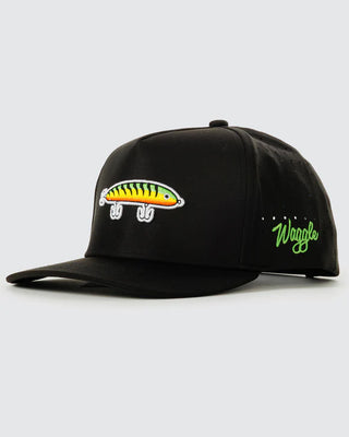 Black Waggle youth fishing snapback hat with colorful embroidered fishing lure design front and side view