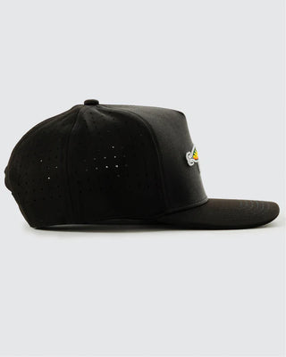 Black Waggle youth fishing snapback hat with colorful embroidered fishing lure design side view