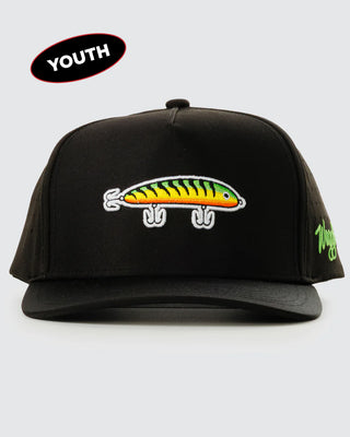 Black Waggle youth fishing snapback hat with colorful embroidered fishing lure design