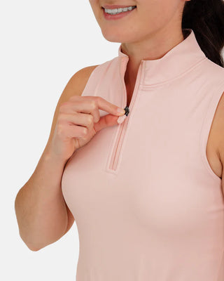 Women’s blush sleeveless mock neck athletic golf top by Waggle with zip neckline and performance fit