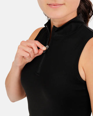 Women’s black sleeveless mock neck athletic golf top by Waggle with zip neckline and performance fit