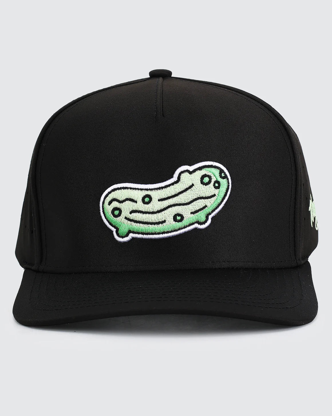Waggle Pickled snapback hat with green pickle design on black hat